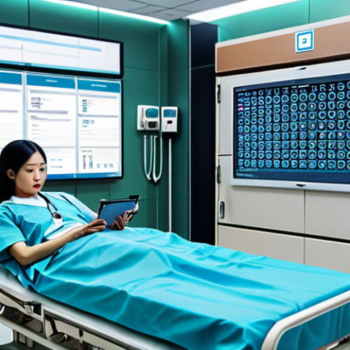 **

A futuristic hospital scene showcasing blockchain technology securing patient medical records. Focus on a secure digital interface with encrypted data streams, emphasizing data privacy and protection from cyberattacks. Include elements of modern Vietnamese hospital design and technology.

**