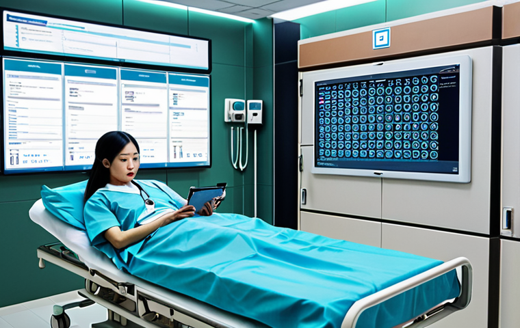 **
A futuristic hospital scene showcasing blockchain technology securing patient medical records. Focus on a secure digital interface with encrypted data streams, emphasizing data privacy and protection from cyberattacks. Include elements of modern Vietnamese hospital design and technology.
**
