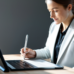 A calm individual, fully clothed in modest business attire, sits confidently at a sleek, minimalist desk in a modern, sunlit home office. They are focused on a transparent tablet displaying intricate, encrypted digital health records, subtly illustrating personal data ownership and secure access. The scene emphasizes empowerment and privacy. Perfect anatomy, natural pose, well-formed hands, correct proportions, professional photography, high quality, safe for work, appropriate content, family-friendly.