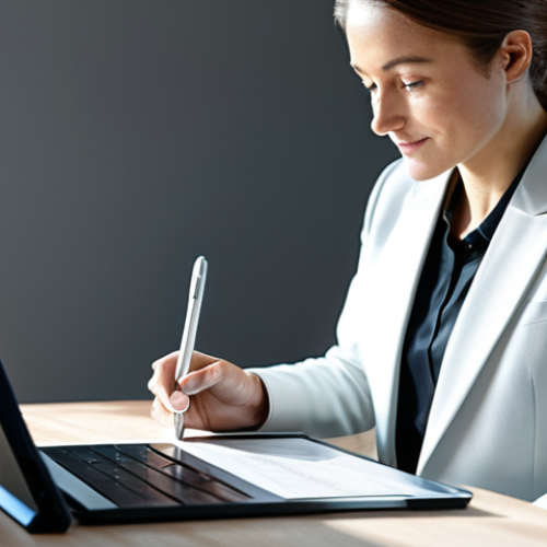 A calm individual, fully clothed in modest business attire, sits confidently at a sleek, minimalist desk in a modern, sunlit home office. They are focused on a transparent tablet displaying intricate, encrypted digital health records, subtly illustrating personal data ownership and secure access. The scene emphasizes empowerment and privacy. Perfect anatomy, natural pose, well-formed hands, correct proportions, professional photography, high quality, safe for work, appropriate content, family-friendly.