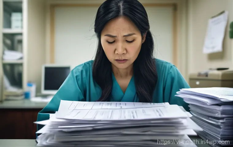 개인 의료기록의 탈중앙화 접근법 - **Prompt 1: The Weight of Paper Records**
    A realistic, slightly desaturated photograph depicting...