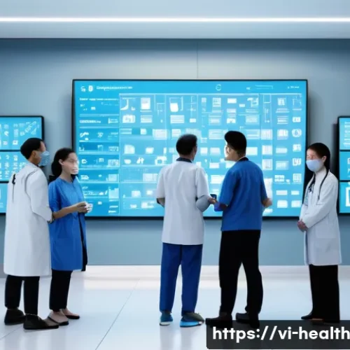 의료기록의 투명성과 탈중앙화 - A futuristic Vietnamese hospital scene showcasing a decentralized medical record system powered by b...