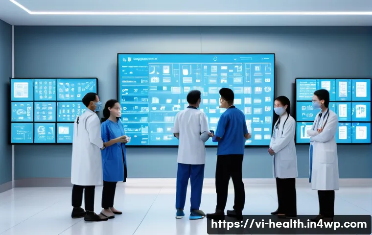 의료기록의 투명성과 탈중앙화 - A futuristic Vietnamese hospital scene showcasing a decentralized medical record system powered by b...