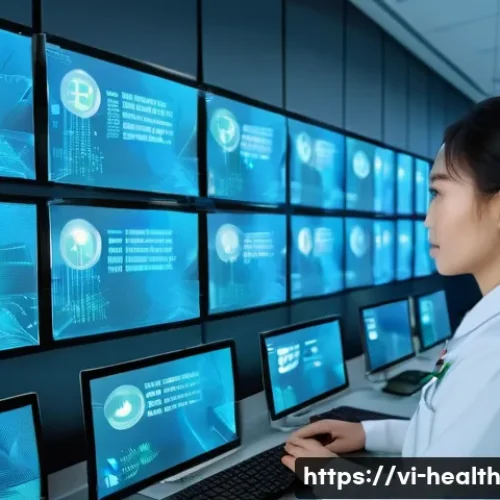 Home 32 환자 데이터 소유권과 탈중앙화 - A modern Vietnamese hospital data center room with advanced blockchain technology visuals displayed ...