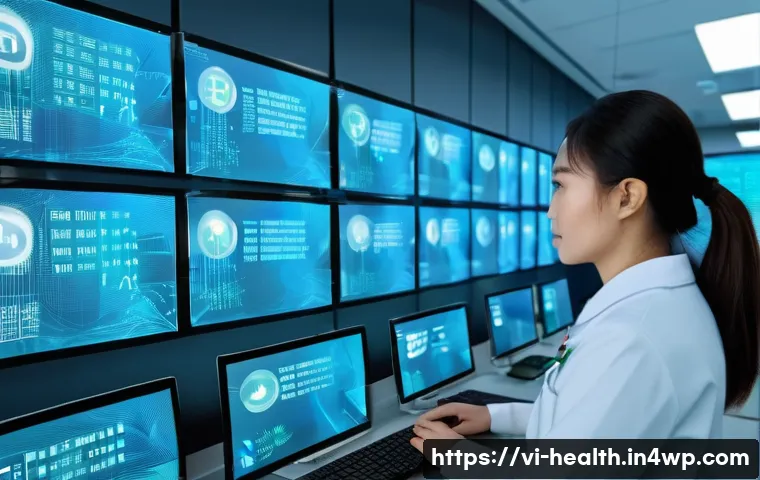 환자 데이터 소유권과 탈중앙화 - A modern Vietnamese hospital data center room with advanced blockchain technology visuals displayed ...
