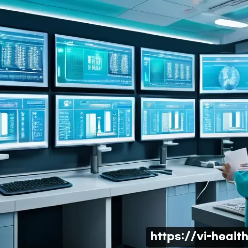 환자 데이터 활용의 사회적 책임 - A modern Vietnamese hospital data security control room with diverse healthcare professionals wearin...