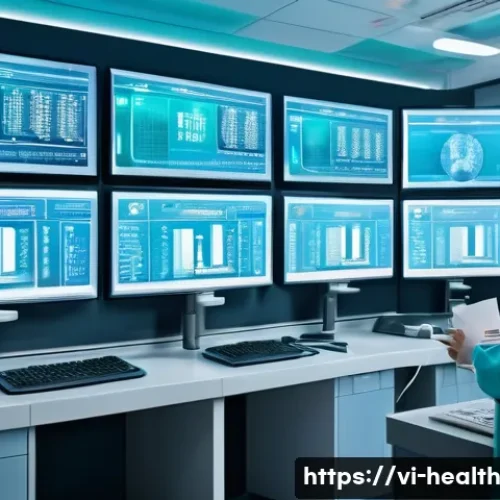 Home 31 환자 데이터 활용의 사회적 책임 - A modern Vietnamese hospital data security control room with diverse healthcare professionals wearin...