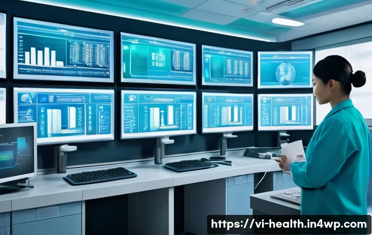 환자 데이터 활용의 사회적 책임 - A modern Vietnamese hospital data security control room with diverse healthcare professionals wearin...