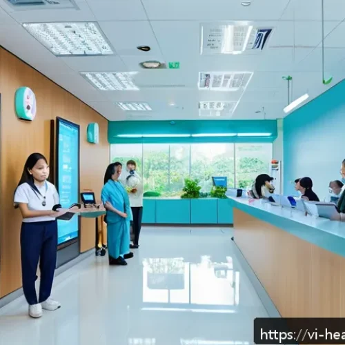 Home 30 의료기록 관리의 현대적 접근 방식 - A modern Vietnamese hospital reception area featuring diverse medical staff and patients interacting...