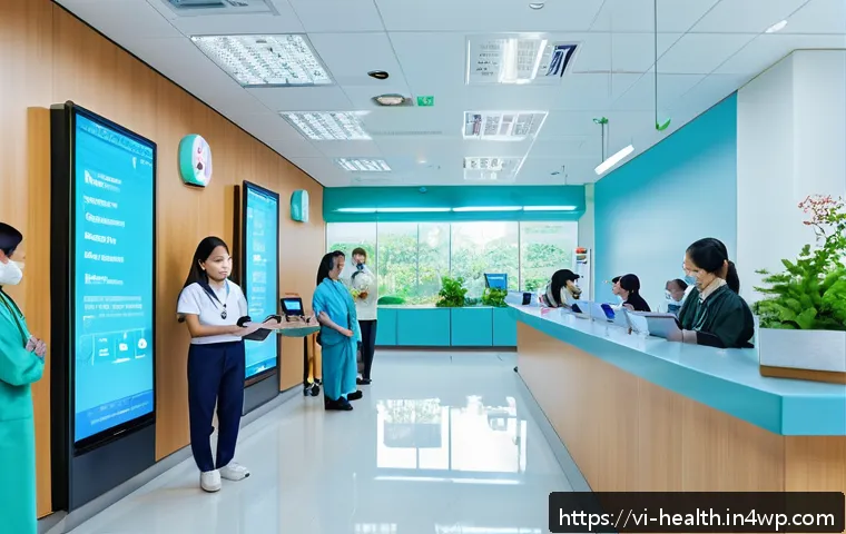 의료기록 관리의 현대적 접근 방식 - A modern Vietnamese hospital reception area featuring diverse medical staff and patients interacting...