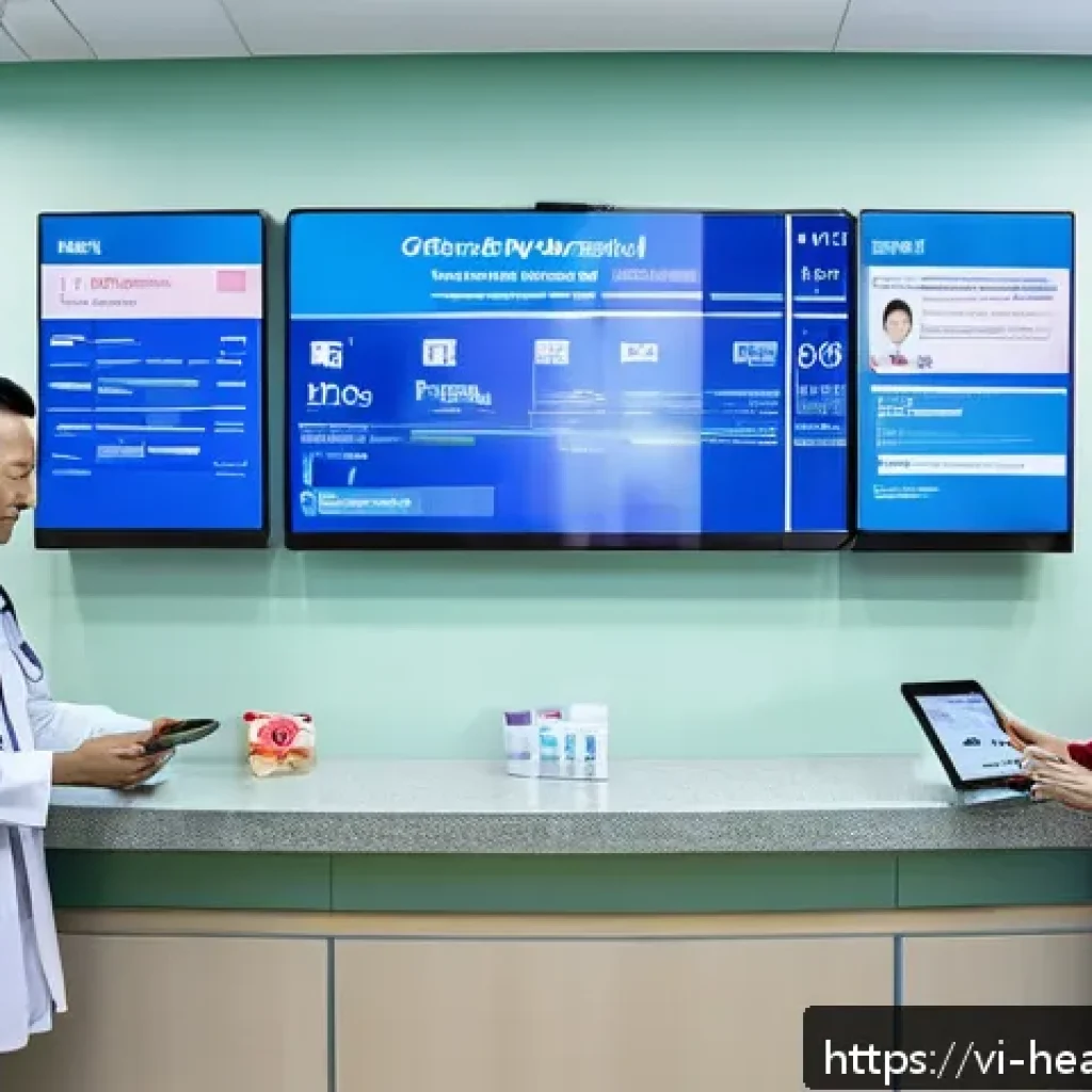 환자 중심의 의료기록 접근 방식 - A modern Vietnamese hospital reception area showcasing a diverse group of patients and medical staff...