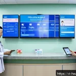 Home 23 환자 중심의 의료기록 접근 방식 - A modern Vietnamese hospital reception area showcasing a diverse group of patients and medical staff...