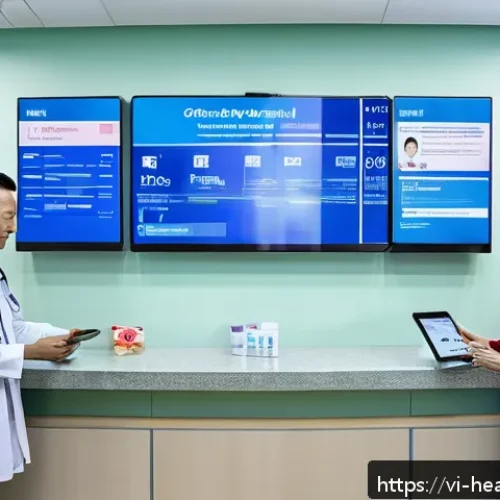 Home 17 환자 중심의 의료기록 접근 방식 - A modern Vietnamese hospital reception area showcasing a diverse group of patients and medical staff...