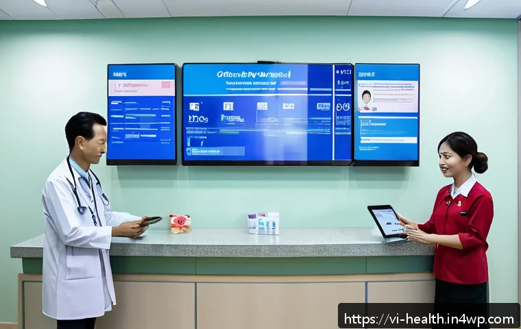 환자 중심의 의료기록 접근 방식 - A modern Vietnamese hospital reception area showcasing a diverse group of patients and medical staff...