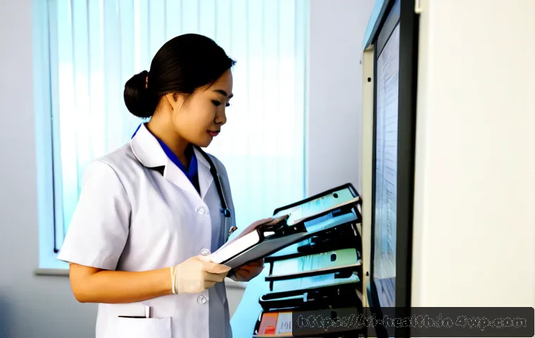 Home 17 의료기록 데이터 품질 개선 전략 - Photorealistic Vietnamese hospital health information management office, two Vietnamese medical staf...