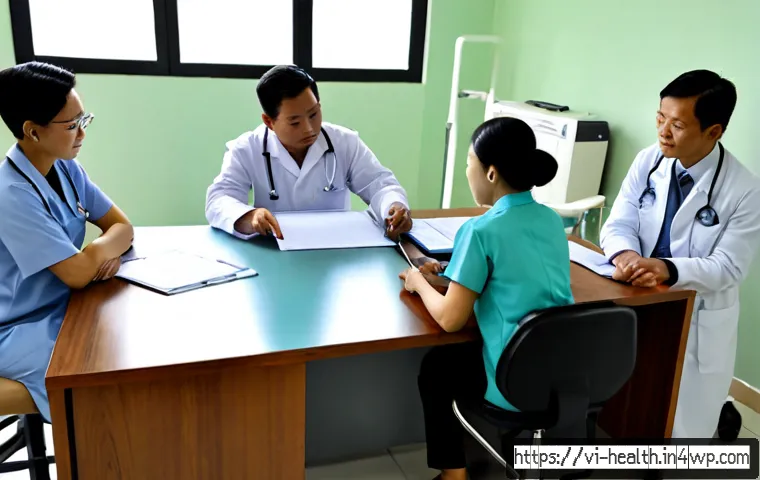 의료기록 시스템 개선을 위한 정책 제안 - Photorealistic Vietnamese public hospital policy meeting, diverse healthcare administrators, doctors...